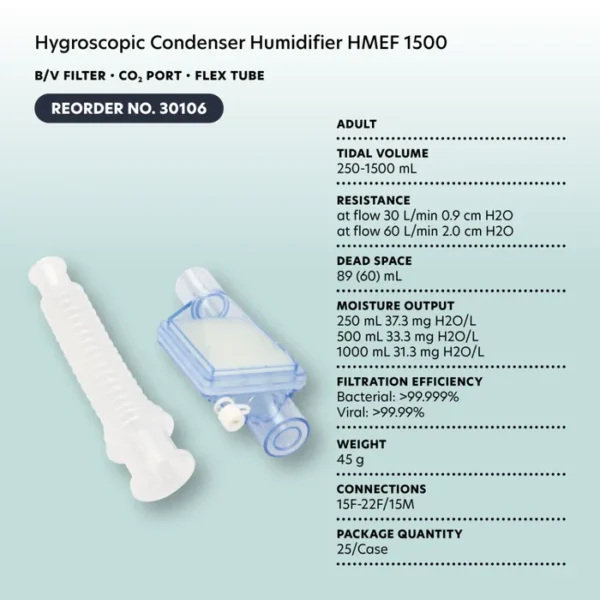 Hygroscopic Condenser Humidifier HMEF 1500 - B/V Filter & CO2 Port - Image 3