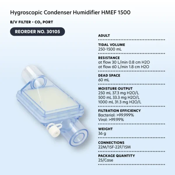 Hygroscopic Condenser Humidifier HMEF 1500 - B/V Filter & CO2 Port - Image 4