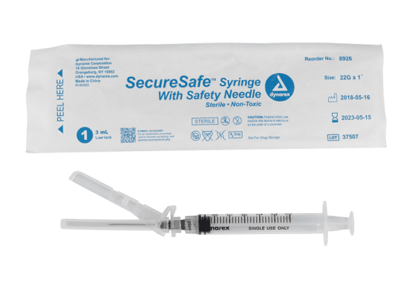 SecureSafe Syringe with Safety Needle - 3cc - 22G, 1" needle