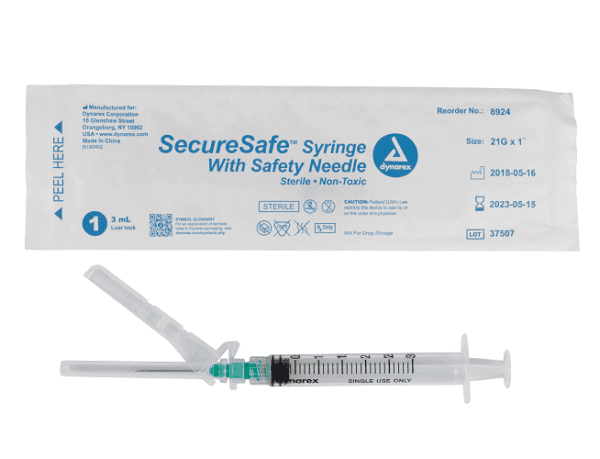 SecureSafe Syringe with Safety Needle - 3cc - 21G ,1" needle