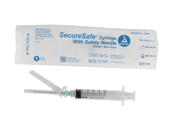 SecureSafe Syringe with Safety Needle - 5cc - 21G, 1.5" needle