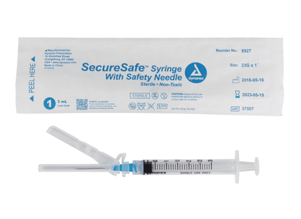 SecureSafe Syringe with Safety Needle - 3cc - 23G, 1" needle