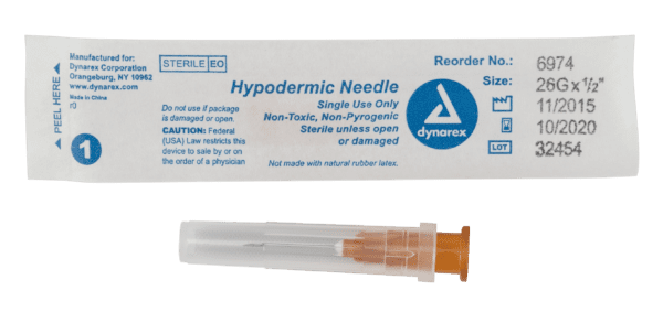 Hypodermic Needle 26G,  1/2" needle